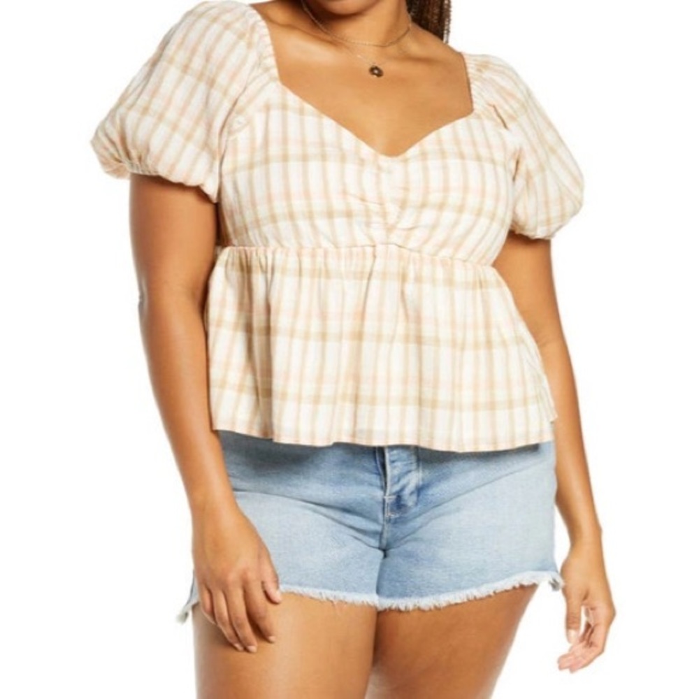 BP. Park Plaid Puff Sleeve Babydoll Top